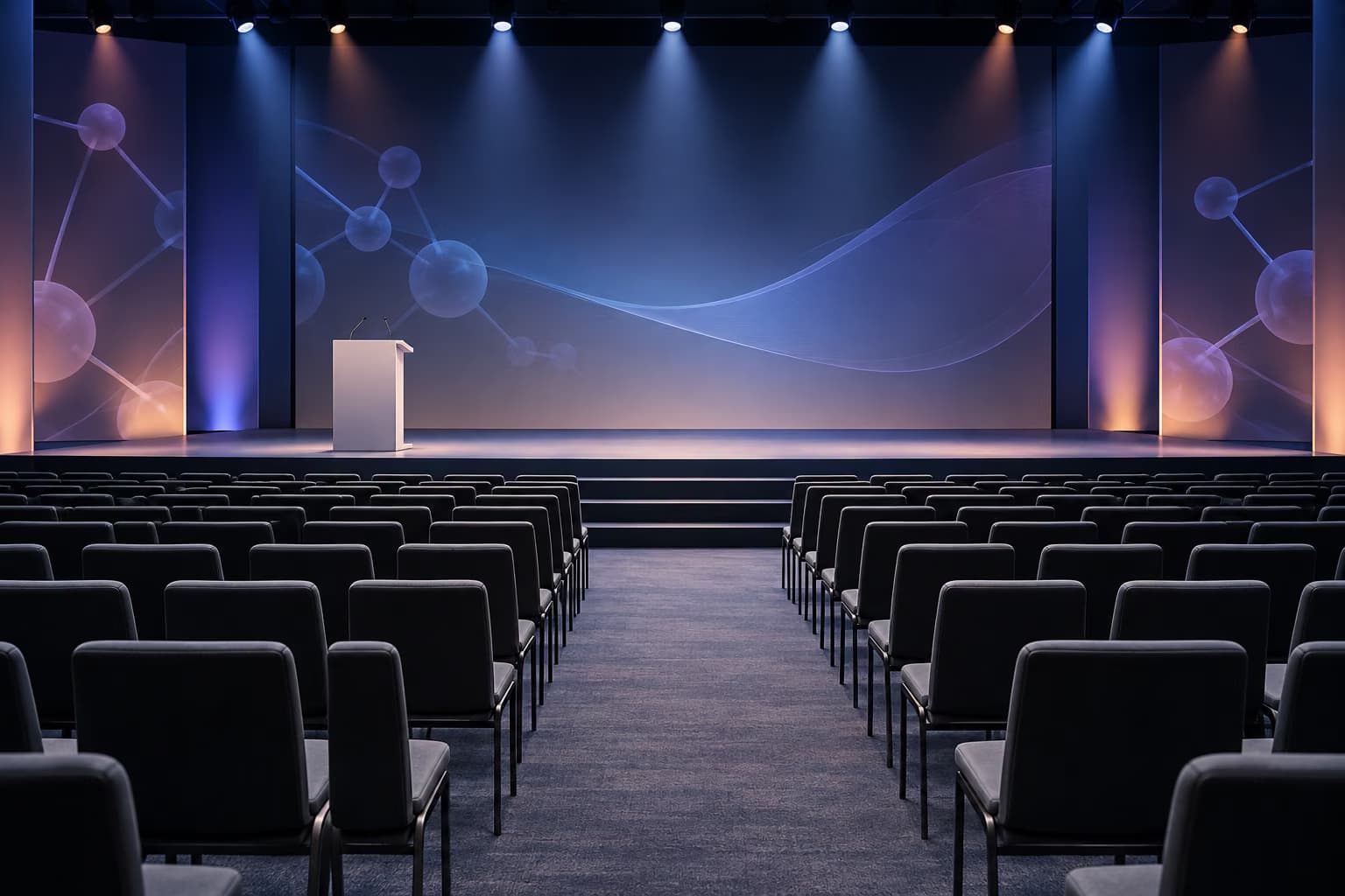 Una sala de eventos vacía con filas de sillas oscuras frente a un escenario con un atril blanco, iluminado por focos delante de pantallas con gráficos abstractos de moléculas.