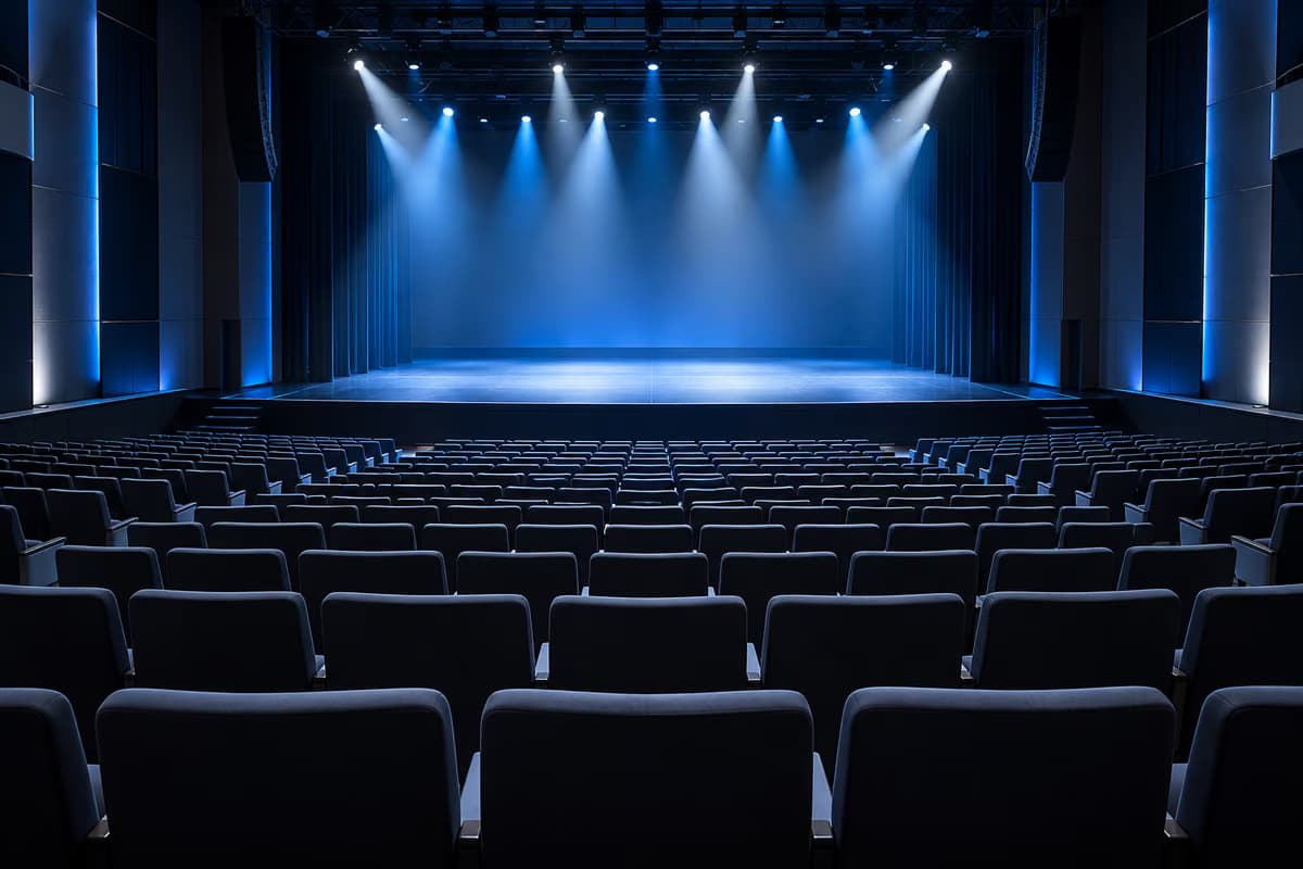 Un auditorio vacío con filas de butacas tapizadas frente a un escenario desnudo iluminado por focos azules y blancos.