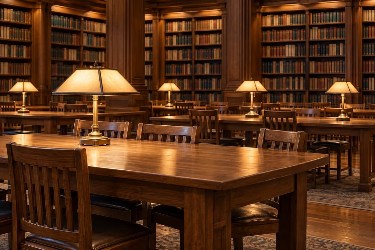 Una sala de lectura de biblioteca vacía con mesas de madera, sillas y lámparas de lectura de latón delante de altas estanterías llenas de libros.