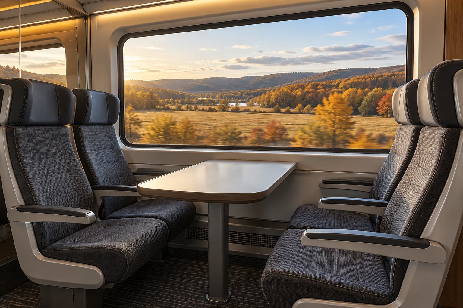 Cuatro asientos grises vacíos alrededor de una mesa en un tren moderno, con una gran ventana que muestra campos otoñales y colinas boscosas.