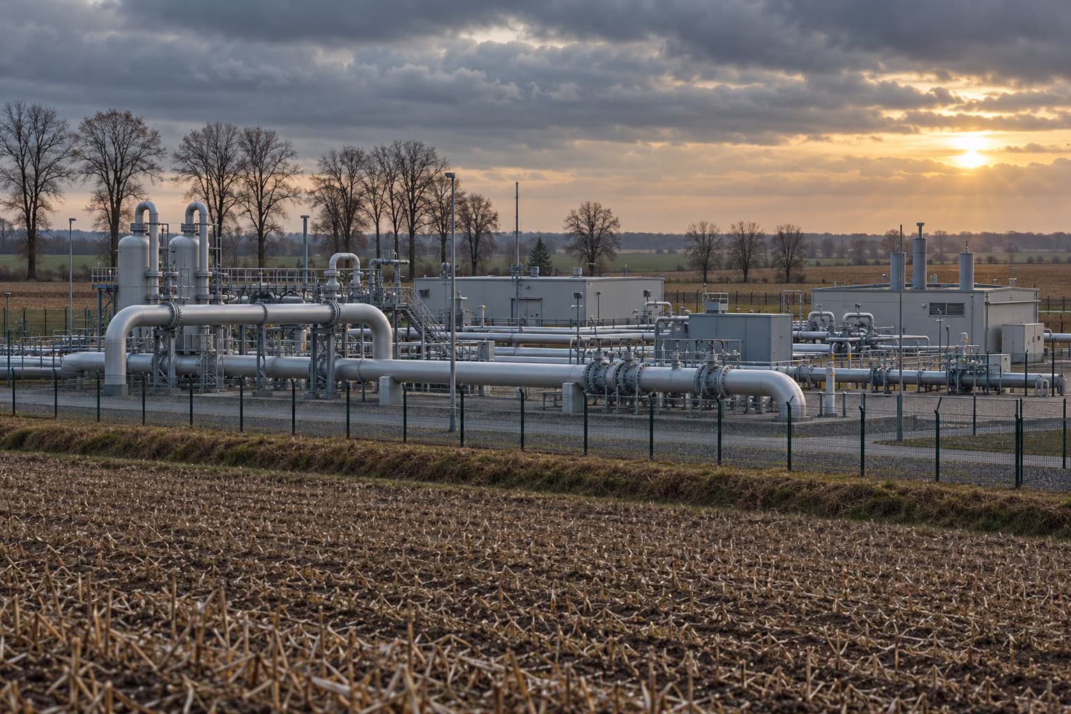 Una instalación de gas natural con tuberías plateadas, válvulas y edificios bajos grises tras una valla, rodeada de campos cosechados y árboles desnudos bajo un cielo nublado al atardecer.
