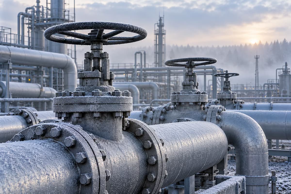 Primer plano de tuberías industriales de gas cubiertas de escarcha con grandes válvulas de volante en una planta de gas en una brumosa mañana de invierno.