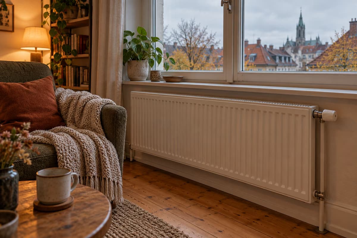 Un radiador blanco de panel con válvula termostática bajo una ventana en un acogedor salón, con un sillón, una manta de punto y tejados de tejas al fondo.