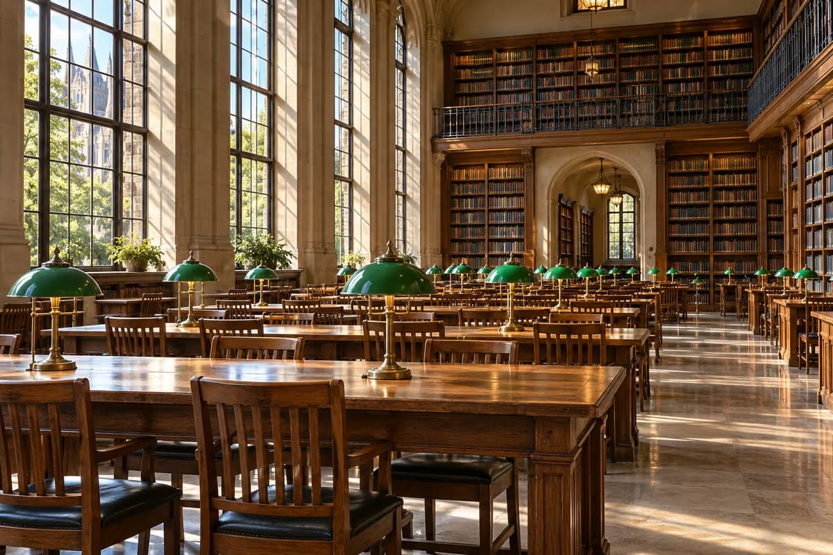 Una sala de lectura de biblioteca vacía con largas mesas de madera, lámparas de escritorio verdes, ventanales altos y estanterías llenas de libros.