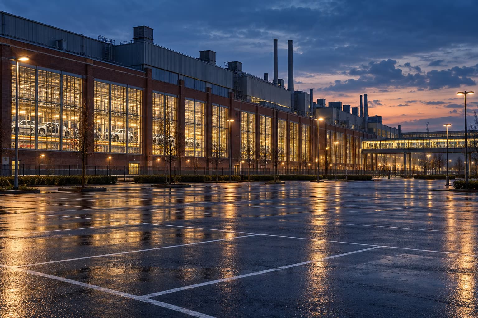 Un largo edificio de fábrica de ladrillo con ventanas muy iluminadas, tras las que se ven coches, se alza al atardecer detrás de un aparcamiento vacío y mojado por la lluvia.