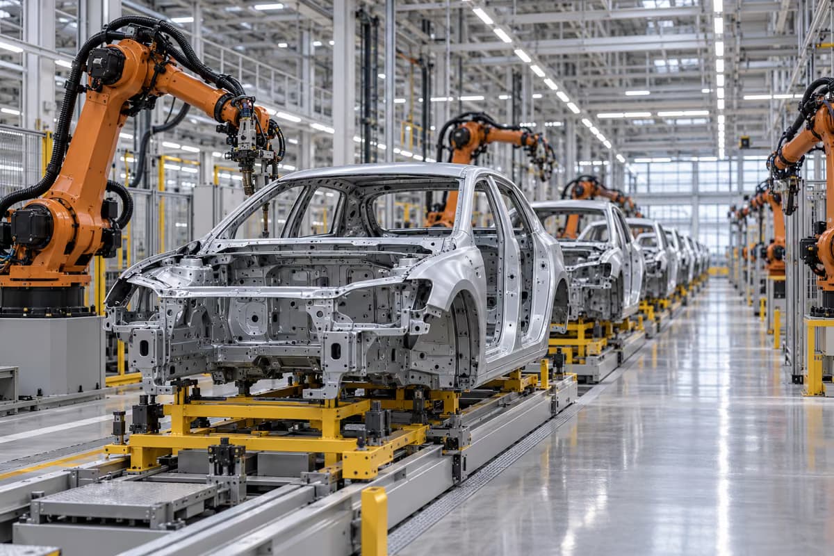 Carrocerías de coche sin pintar están alineadas en una cadena de montaje entre brazos robóticos naranjas en una nave industrial luminosa.