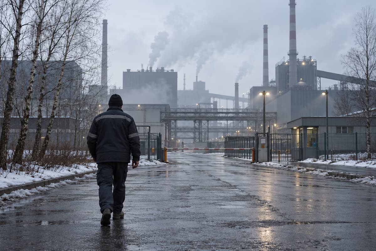 Un trabajador visto de espaldas camina por una carretera mojada hacia la entrada de una planta industrial con chimeneas en un gris día de invierno.