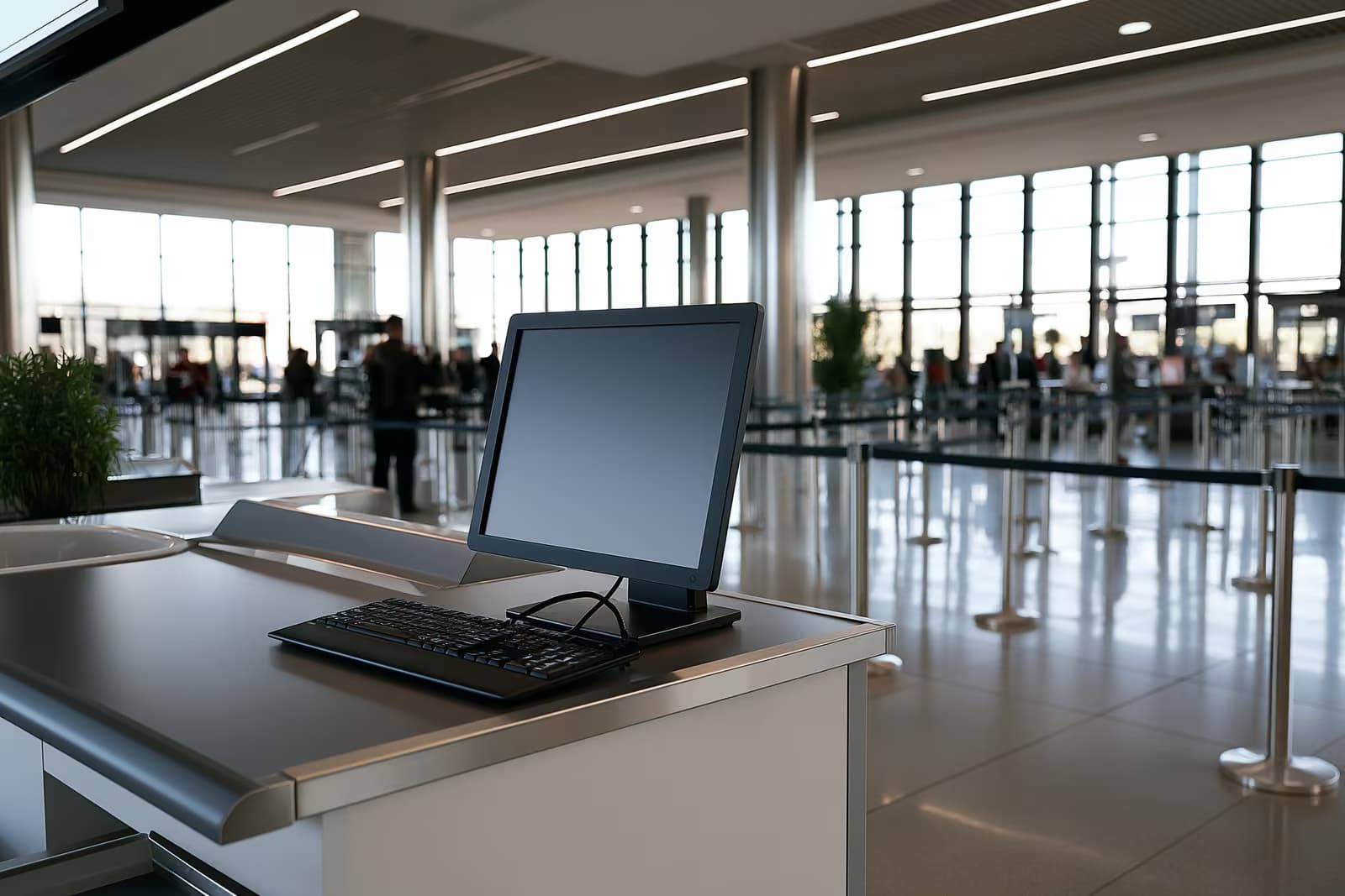 Un escritorio de una oficina del gobierno alemán con una pantalla de ordenador y una pila de expedientes de solicitud de inmigración en papel.