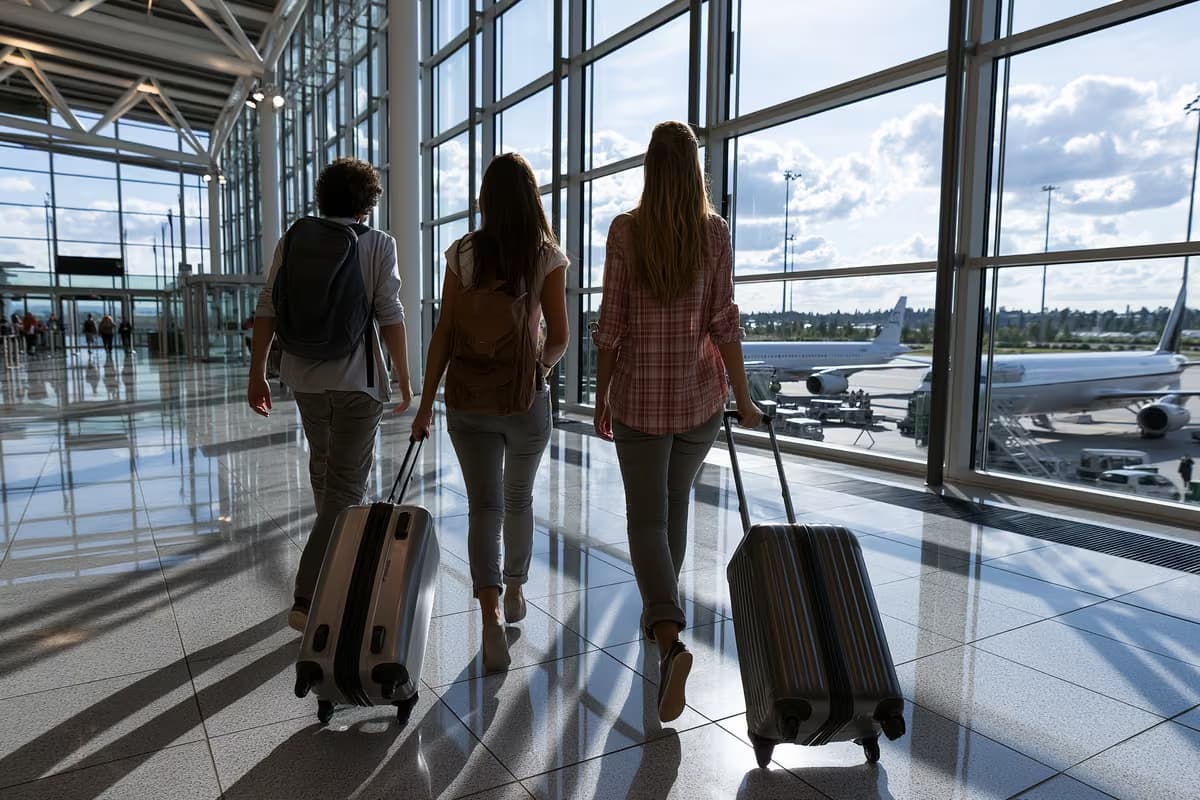 Viajeros caminando por una terminal de aeropuerto moderna y luminosa con grandes ventanales.