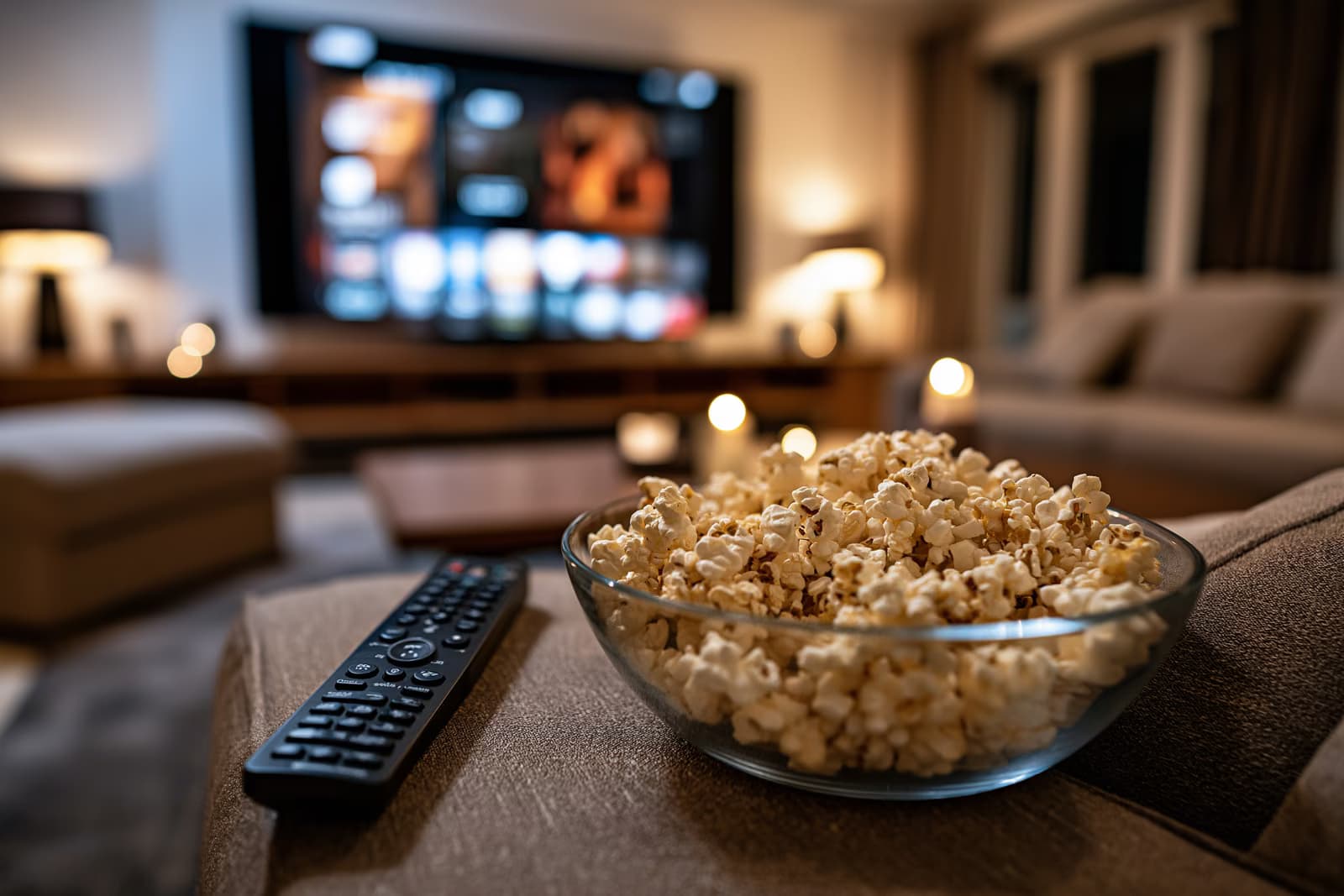Un televisor de salón se quedó en pausa reproduciendo un menú de streaming por la noche, el mismo escenario donde ahora los anuncios de Prime Video interrumpen las veladas de cine.