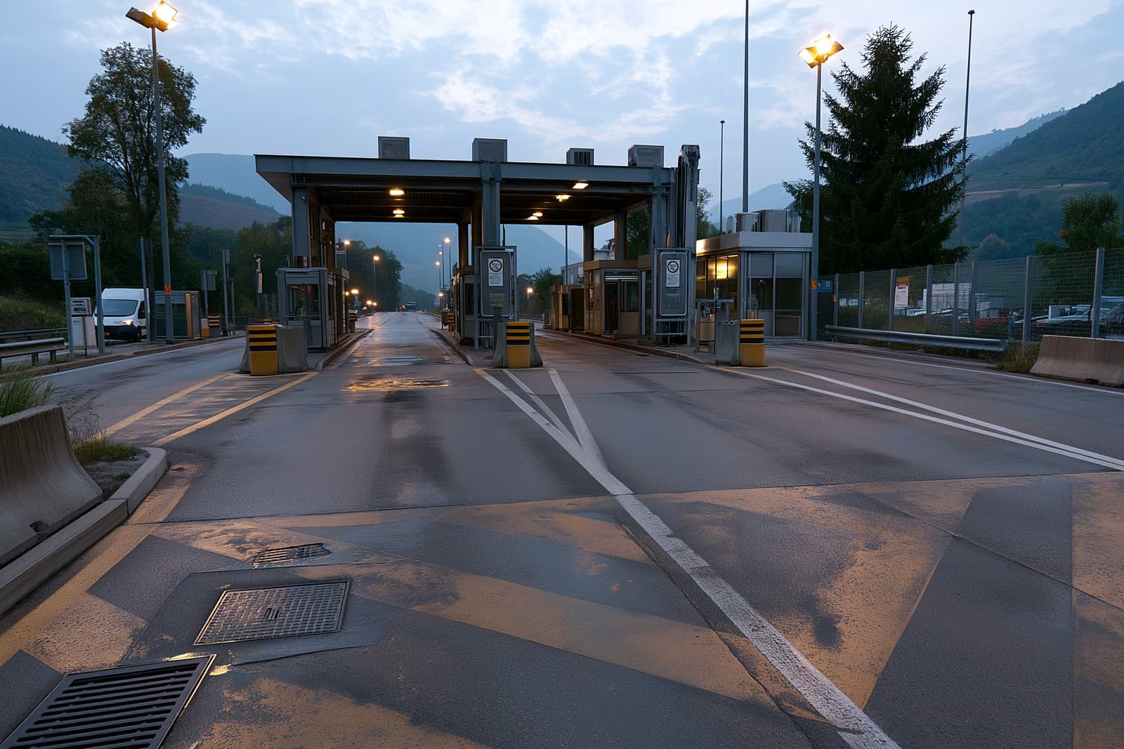 Un tranquilo cruce de autopista en la frontera germano-austriaca, con una señal de carril y una cabina de inspección vacía al amanecer.