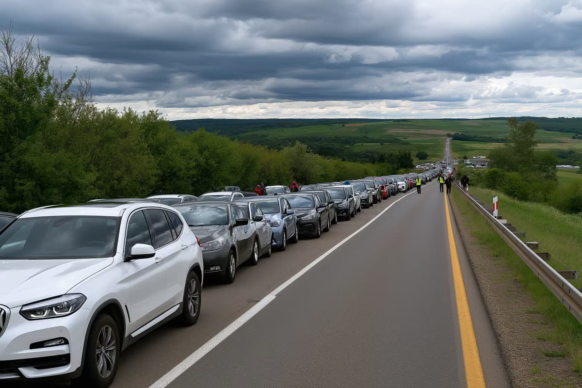 Los coches hacen cola lentamente al pasar por un puesto de control provisional en una carretera rural cerca de la frontera bávara, bajo un cielo nublado.
