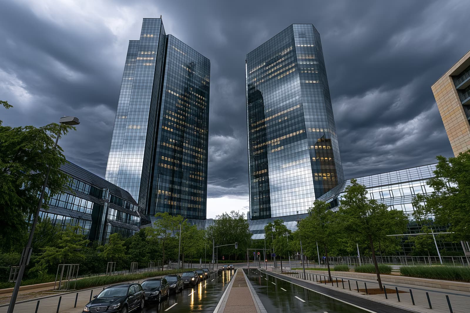 Las dos torres de cristal de la sede de un banco en Fráncfort se alzan entre nubes oscuras tras el asalto al Deutsche Bank.
