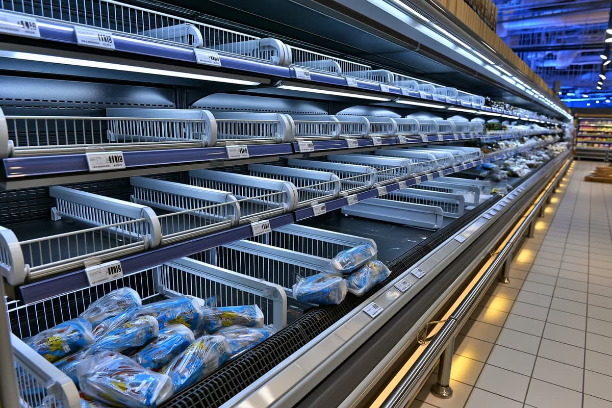 Un estante refrigerado vacío en un supermercado, con solo unos pocos paquetes restantes tras la retirada de salchichas del mercado en Alemania.