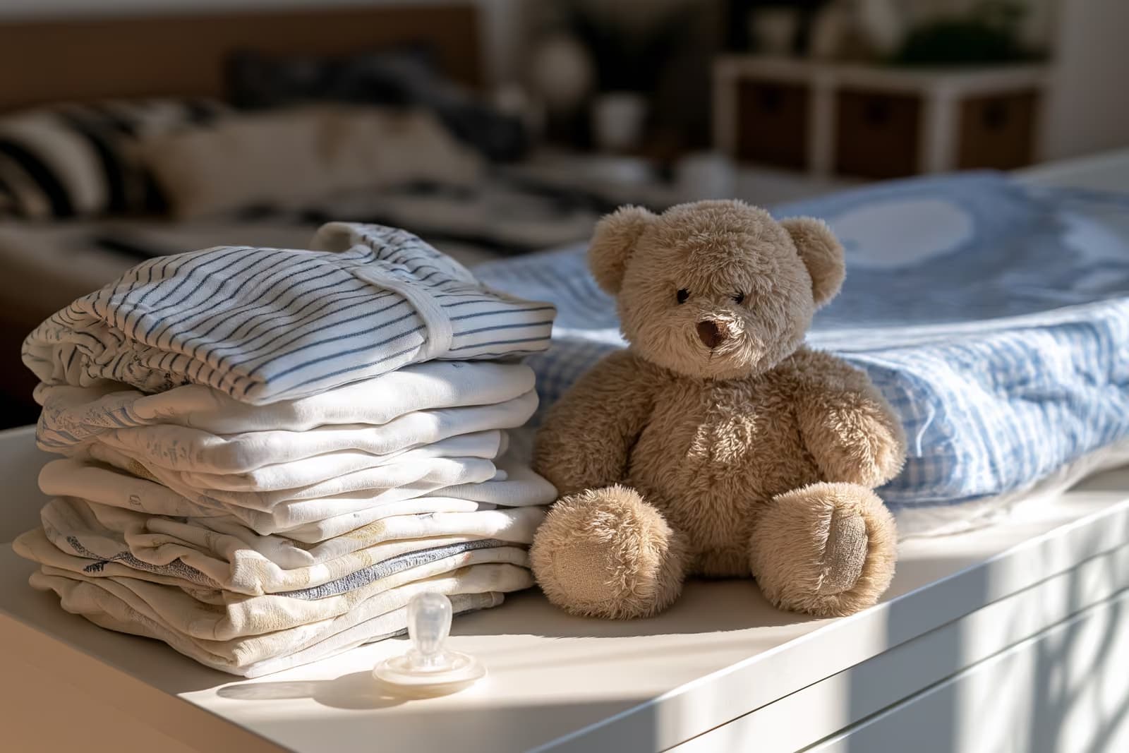 Un padre o una madre sostiene a su bebé pequeño mientras revisa documentos en su casa en Alemania.
