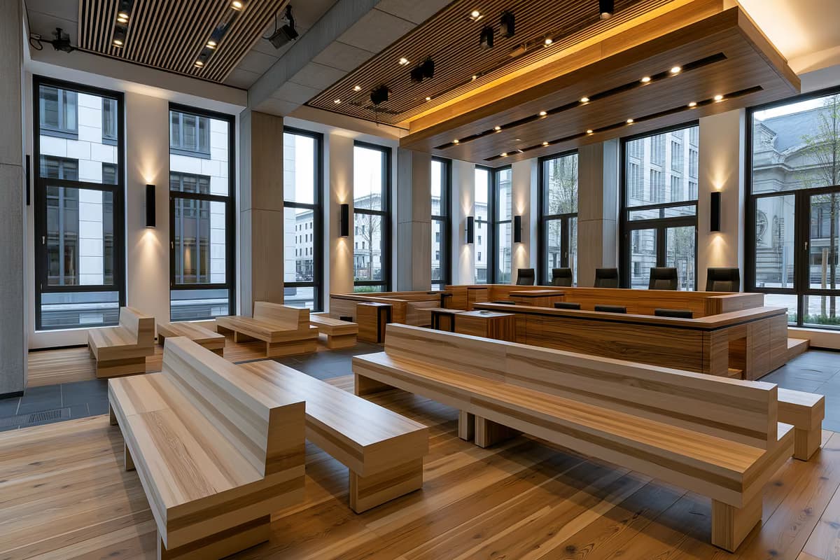 Una sala de audiencias moderna y vacía, con bancos de madera y ventanas altas.