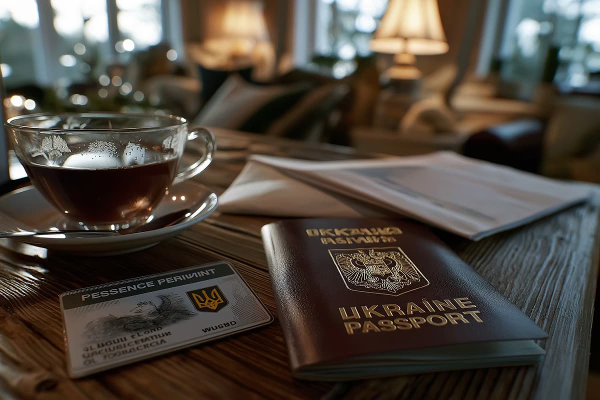 Una tarjeta de permiso de residencia y un pasaporte ucraniano yacen uno al lado del otro sobre una mesa en una casa alemana.