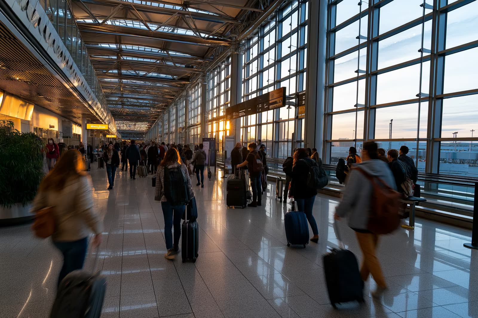 Viajeros con equipaje cruzando la luminosa sala de llegadas de un aeropuerto internacional.