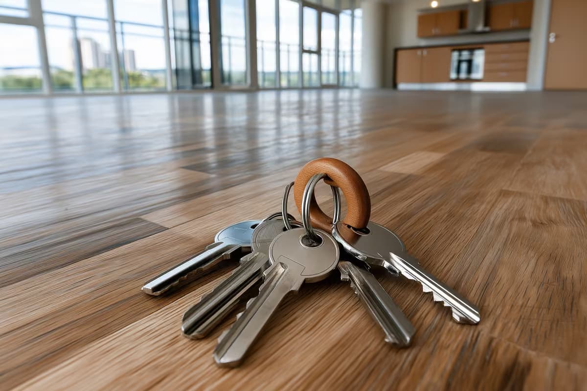 Una joven pareja revisa anuncios de apartamentos en una computadora portátil en la mesa de la cocina.