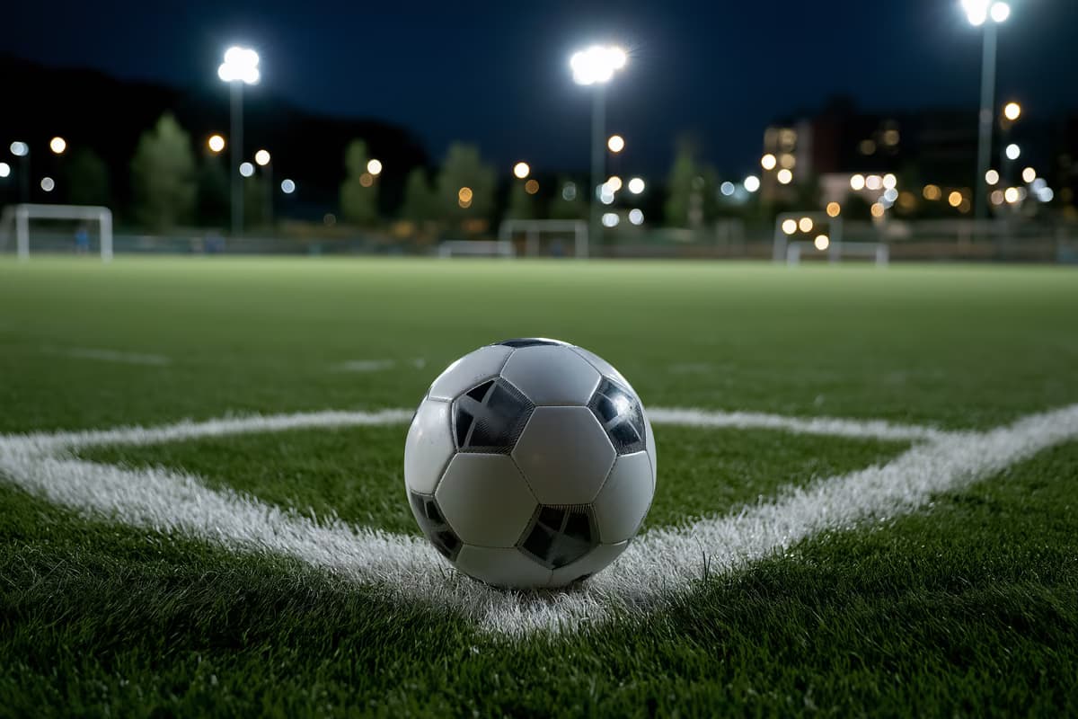 Un balón de fútbol solitario descansa sobre el punto de penalti de un campo iluminado.