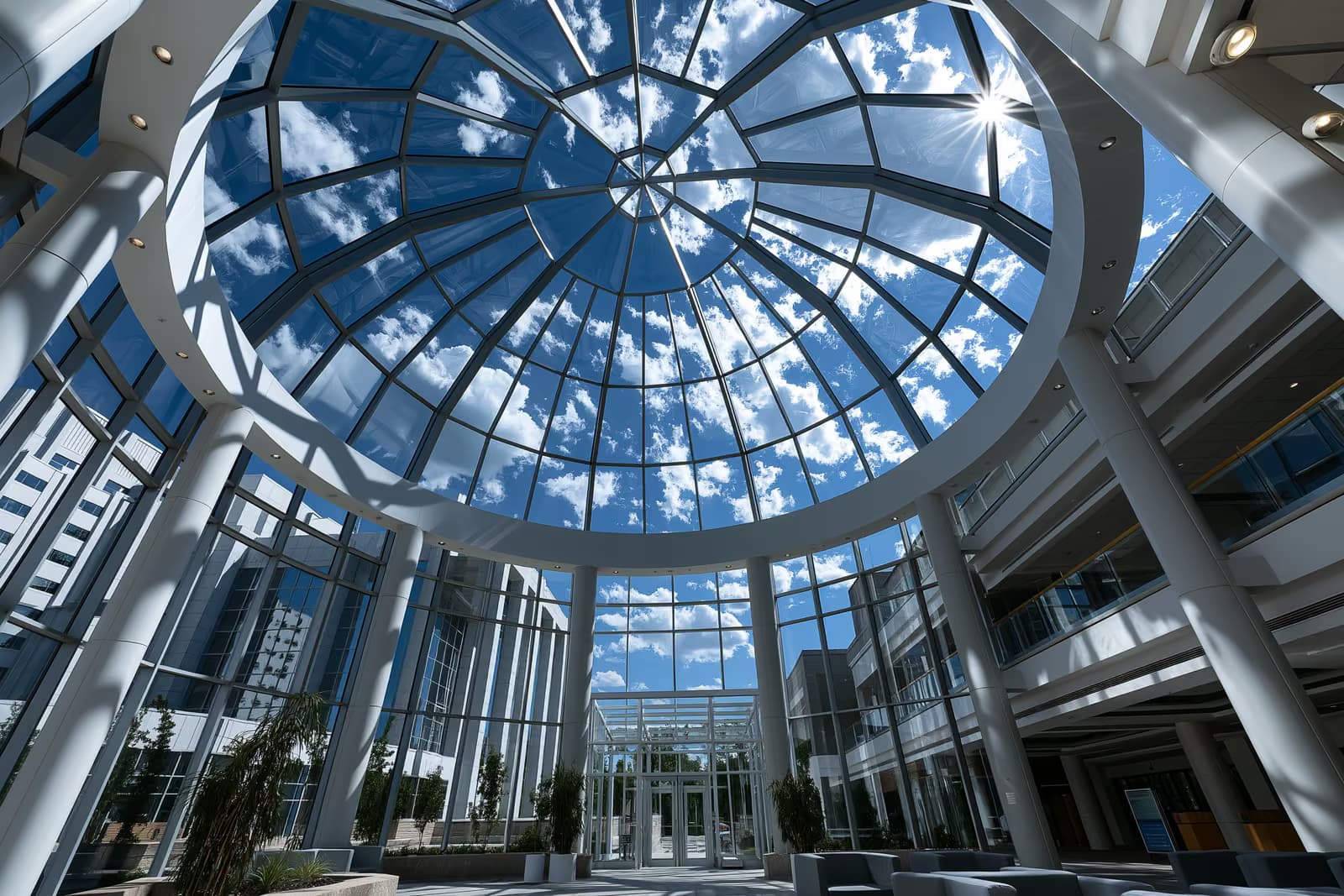 La cúpula de cristal del edificio del parlamento alemán vista desde abajo contra un brillante cielo de verano.