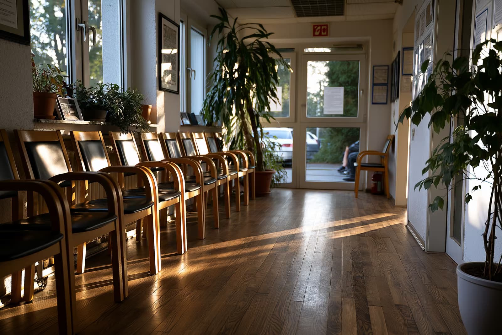 Mostrador de recepción vacío en una consulta médica familiar alemana con sillas de sala de espera.