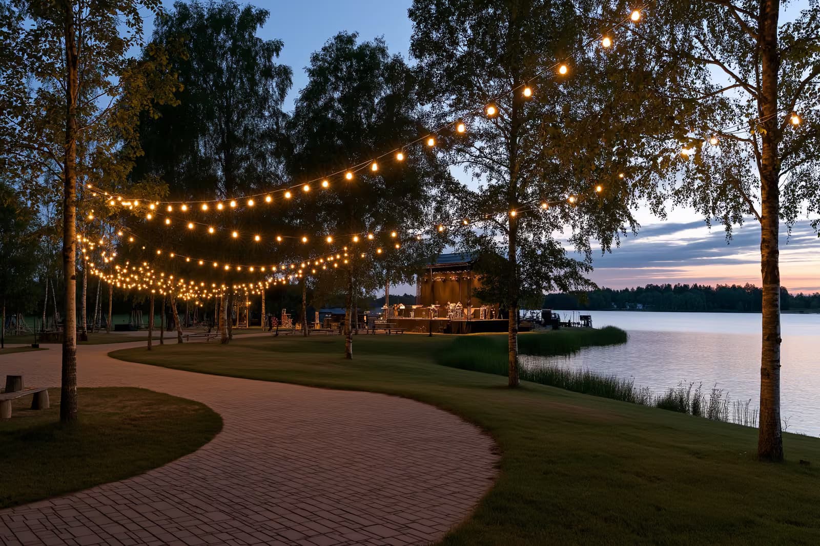 Una gran multitud en un festival de música al aire libre al atardecer, junto a un lago con un escenario iluminado cerca de Leipzig.