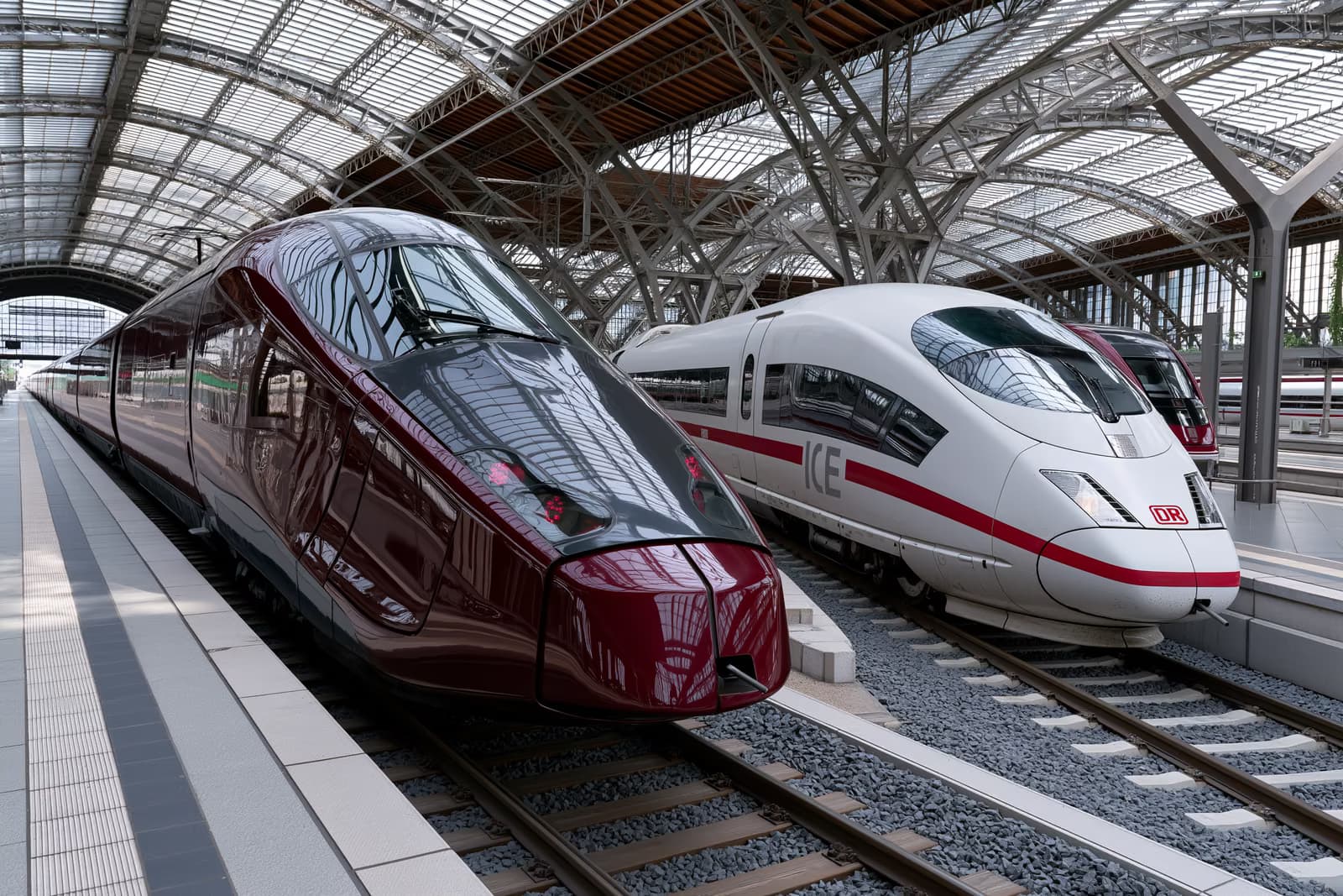 Un tren de alta velocidad de color rojo oscuro junto a un ICE blanco en vías paralelas en el vestíbulo de una estación alemana, simbolizando el desafío de Italo a Deutsche Bahn.