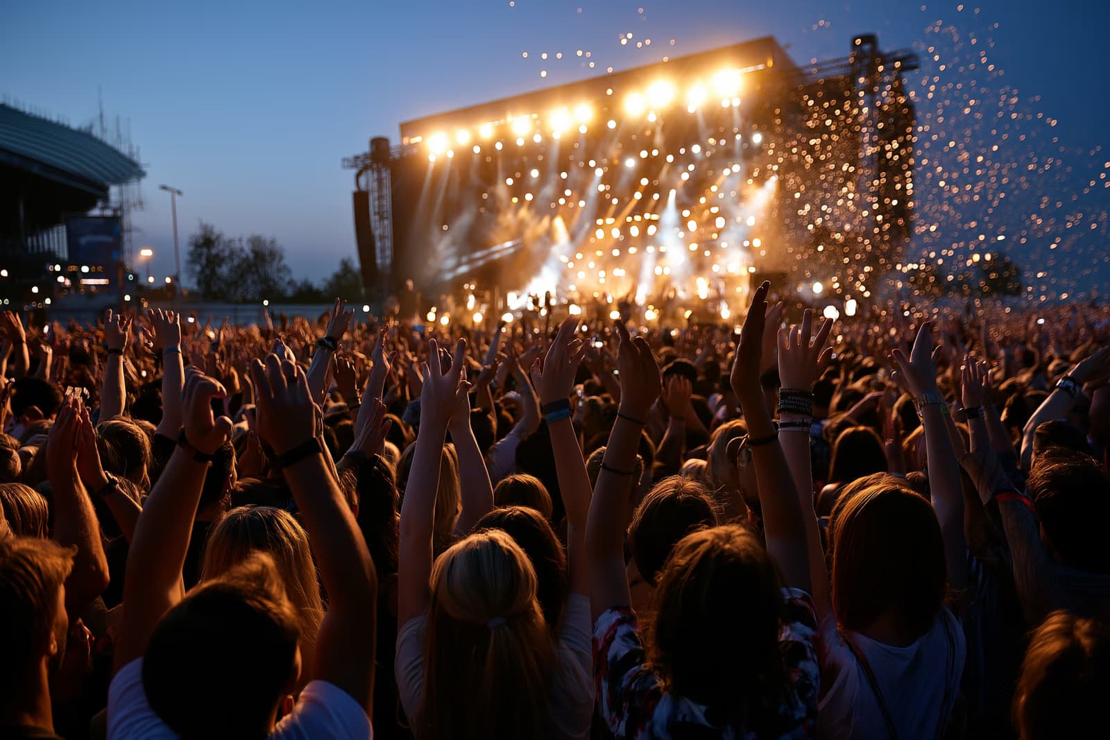Una enorme multitud de asistentes al festival, con las manos en alto, se congrega frente al resplandeciente escenario principal del Lollapalooza de Berlín en el Olympiapark por la noche.