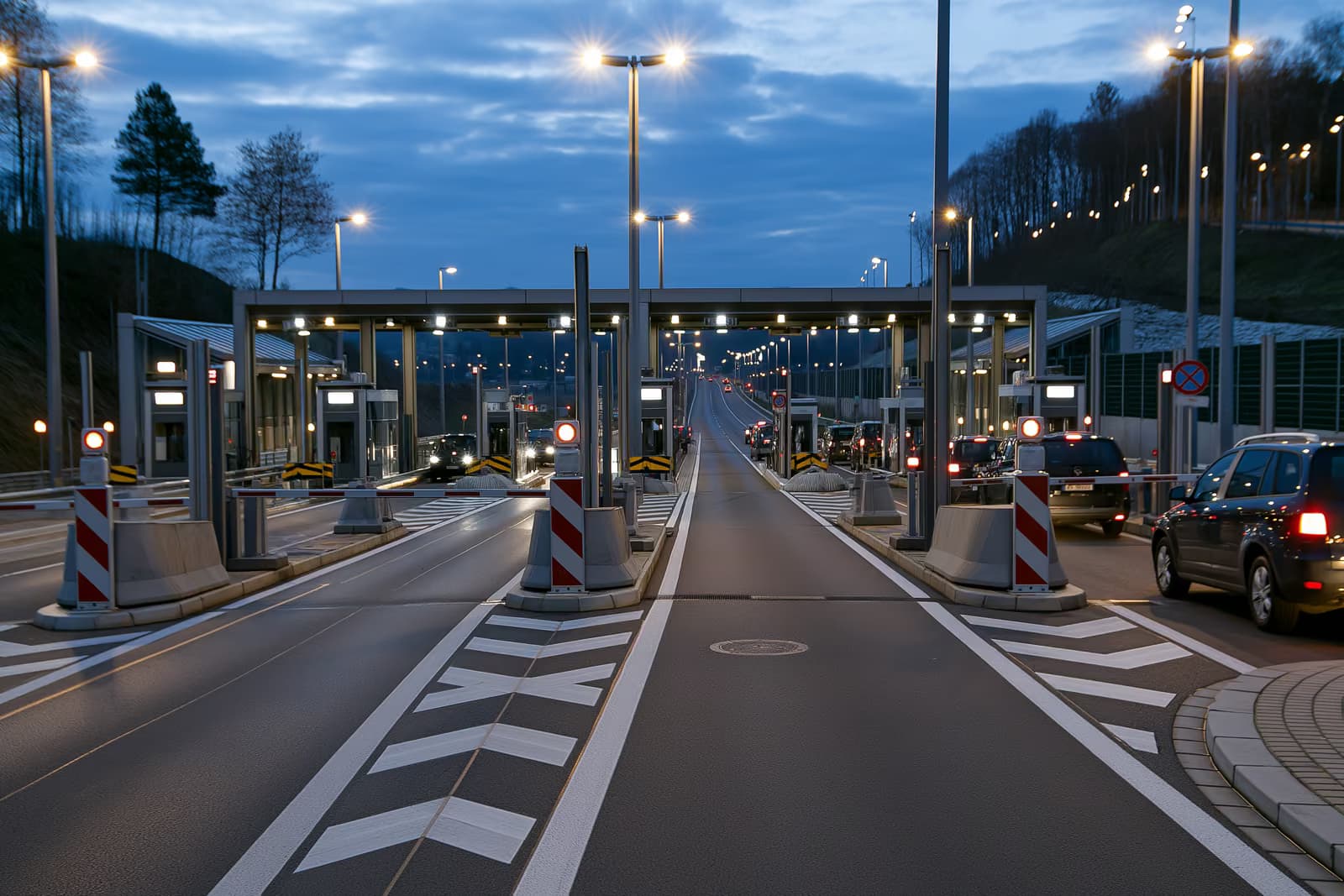 Un puesto de control fronterizo en una autopista europea, tranquilo y con barreras, al anochecer.