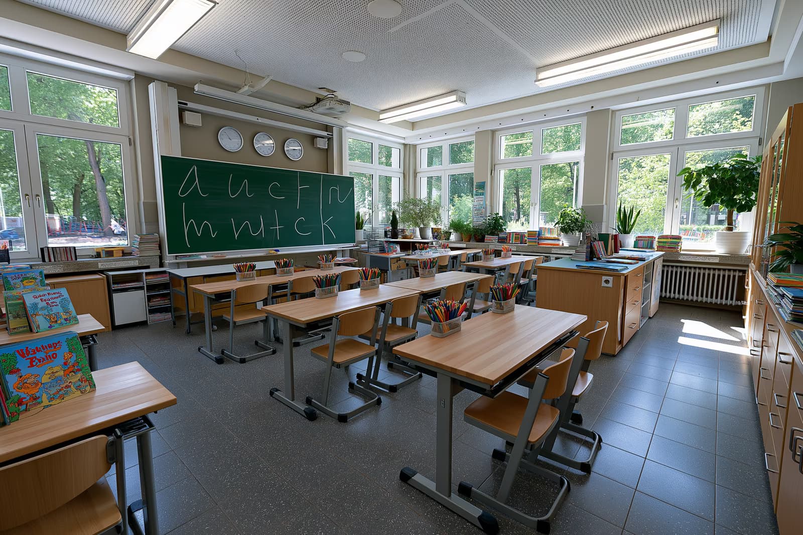 Un aula de primaria luminosa con letras dibujadas en una pizarra verde, lista para las nuevas clases de lengua ABC en Renania del Norte-Westfalia.