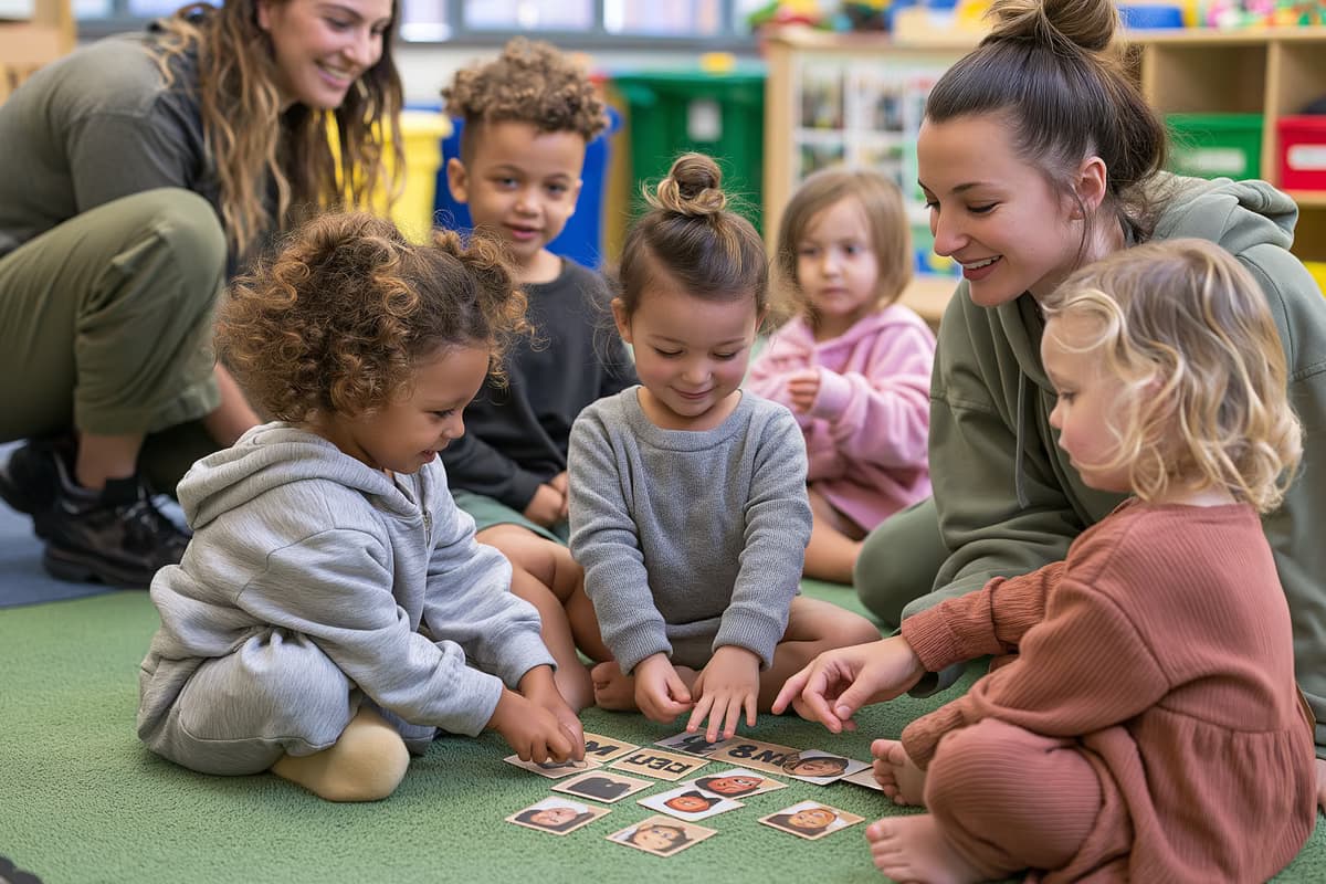 Niños pequeños juegan a un juego de cartas de emparejamiento de palabras sobre la alfombra del aula mientras una maestra les ayuda a practicar alemán.