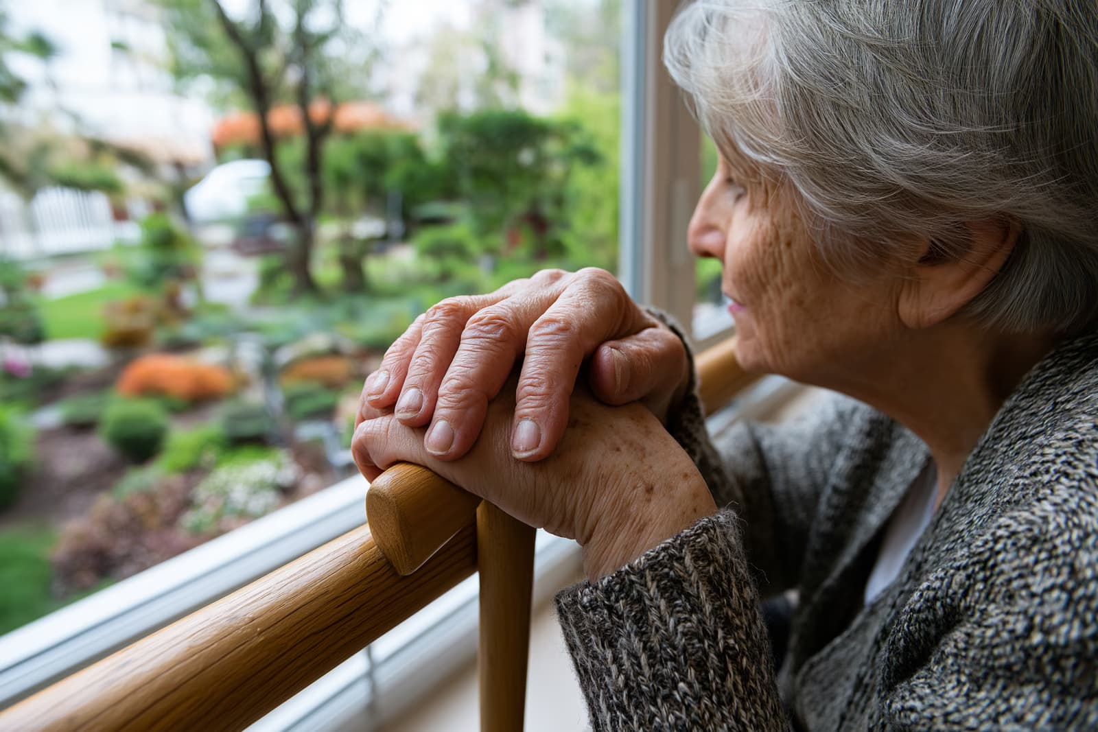 Una anciana se sienta junto a la luminosa ventana de una residencia de ancianos con las manos apoyadas en un bastón, una imagen silenciosa de la preocupación que provocan los crecientes costes de las residencias de ancianos.