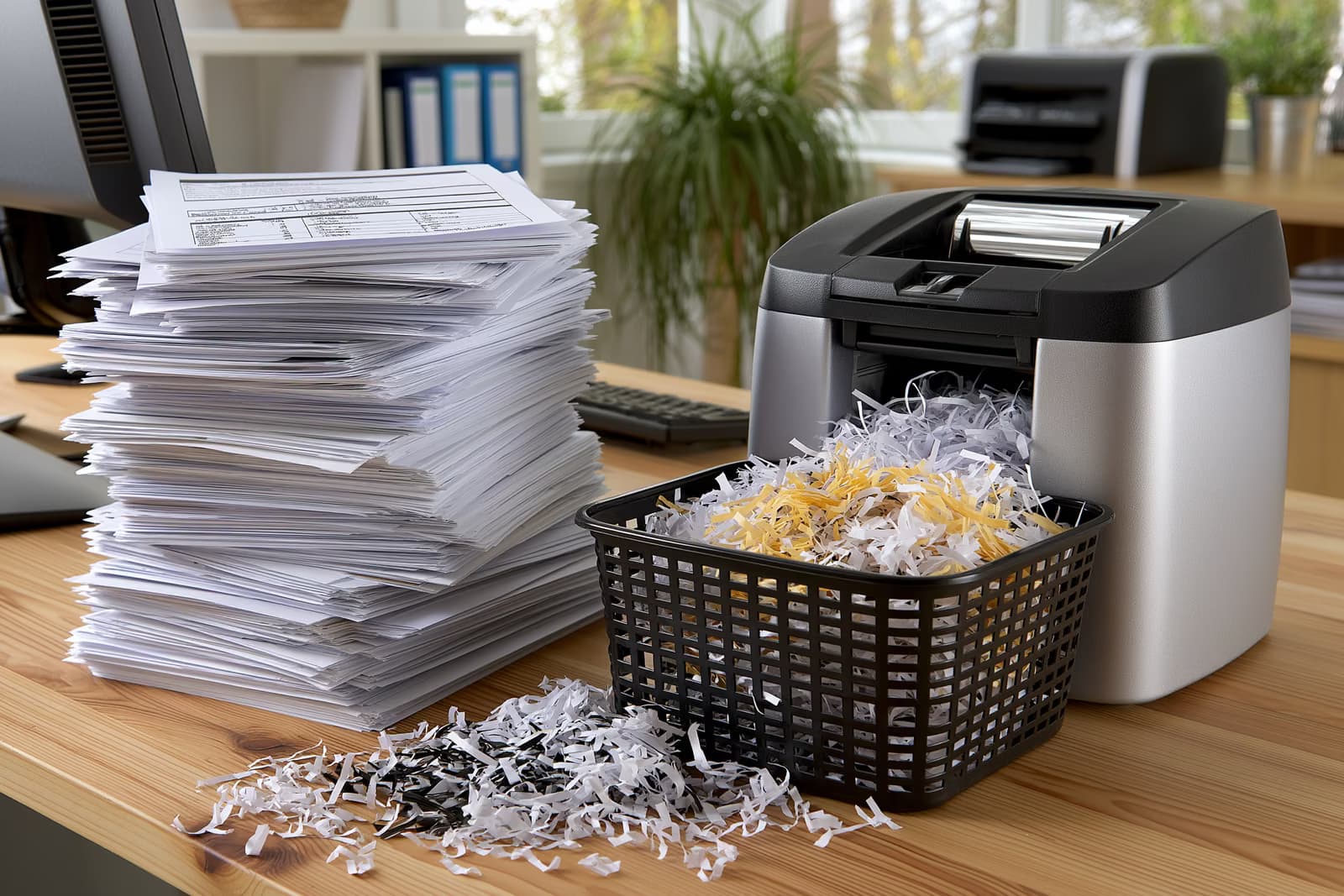 Una alta pila de formularios de papel se encuentra junto a una trituradora en el escritorio de una oficina gubernamental, simbolizando el alivio de la burocracia.