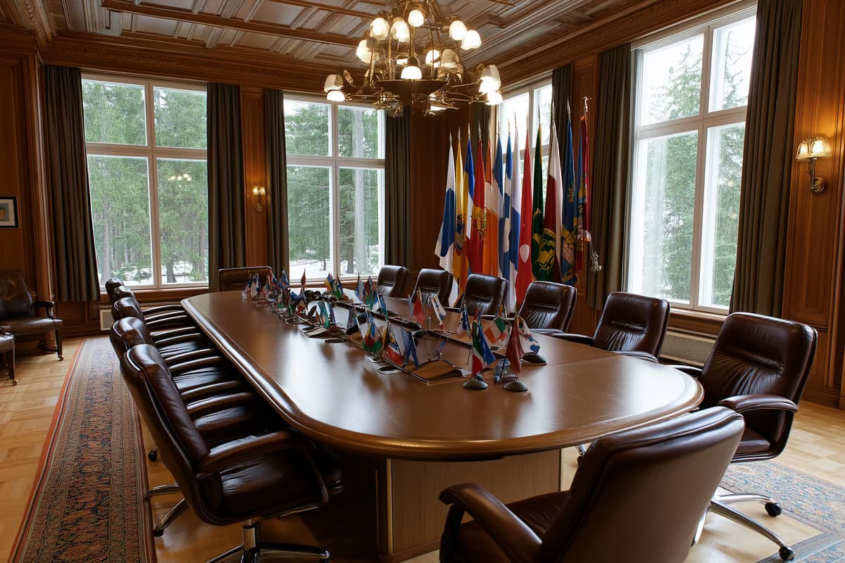Una sala de reuniones vacía con una larga mesa ovalada, sillas de cuero y pequeñas banderas nacionales a la luz de la mañana.