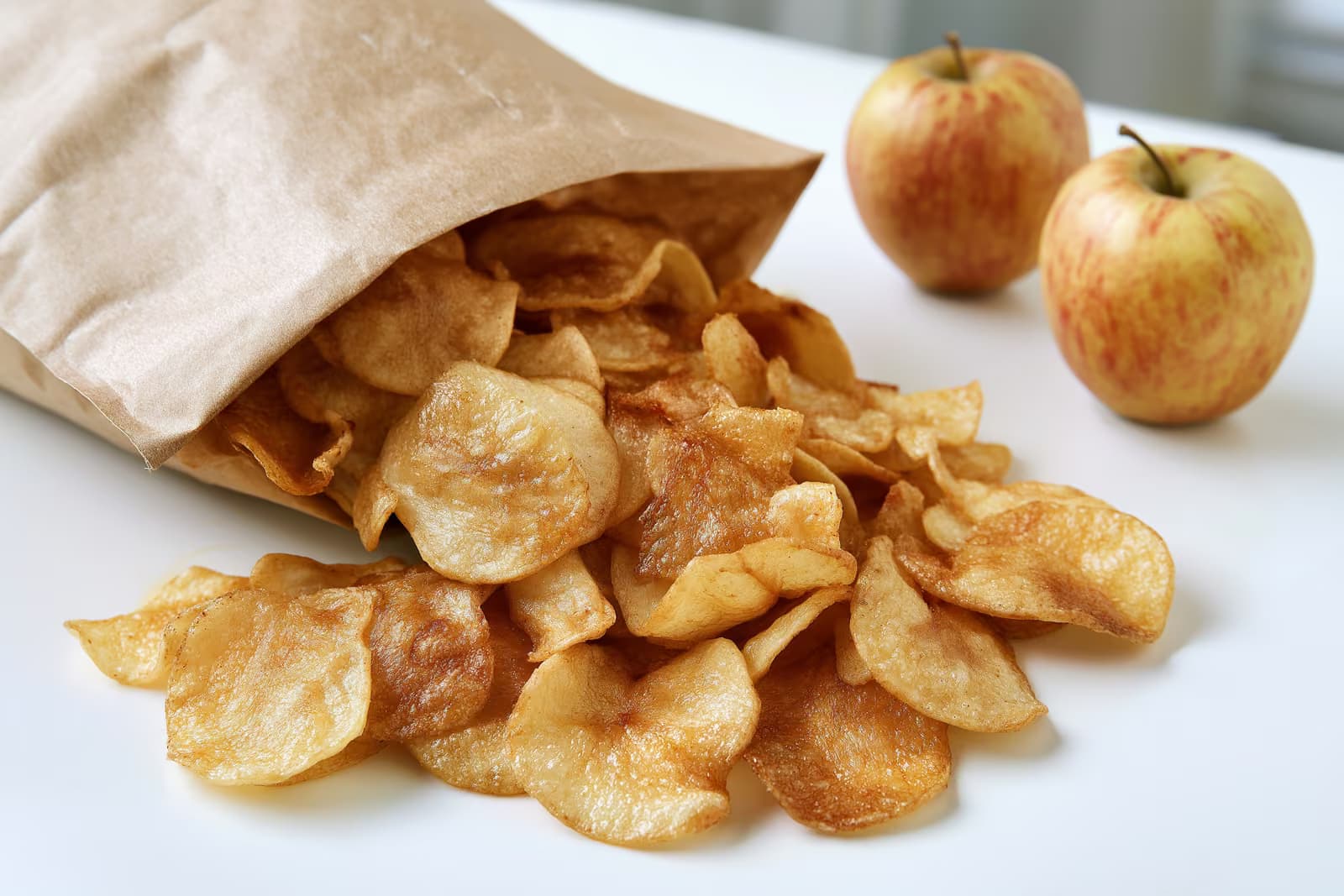 Un paquete de chips de manzana para niños en un estante de la cocina con un símbolo de advertencia al lado.