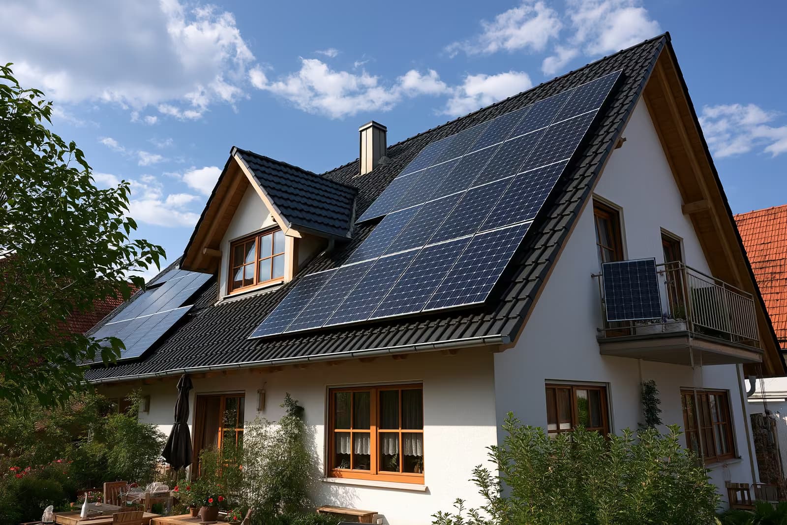 Hileras de paneles solares en el tejado de una casa suburbana alemana bajo un cielo despejado.