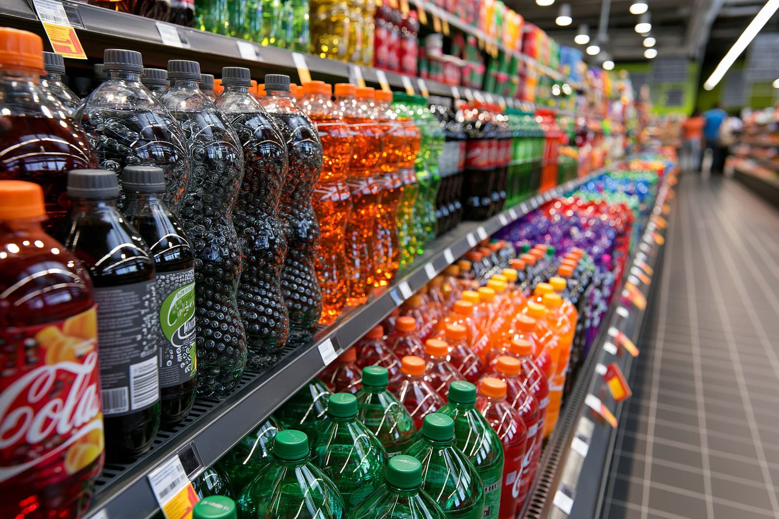 Filas de coloridas botellas de refrescos en un pasillo brillantemente iluminado de un supermercado alemán; estos son los productos a los que se dirigiría el impuesto al azúcar previsto.