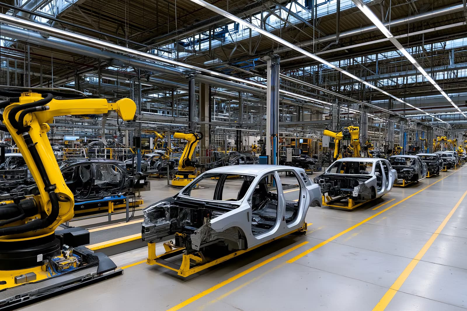 Una gran nave de montaje de una fábrica de automóviles con brazos robóticos y vehículos parcialmente ensamblados.