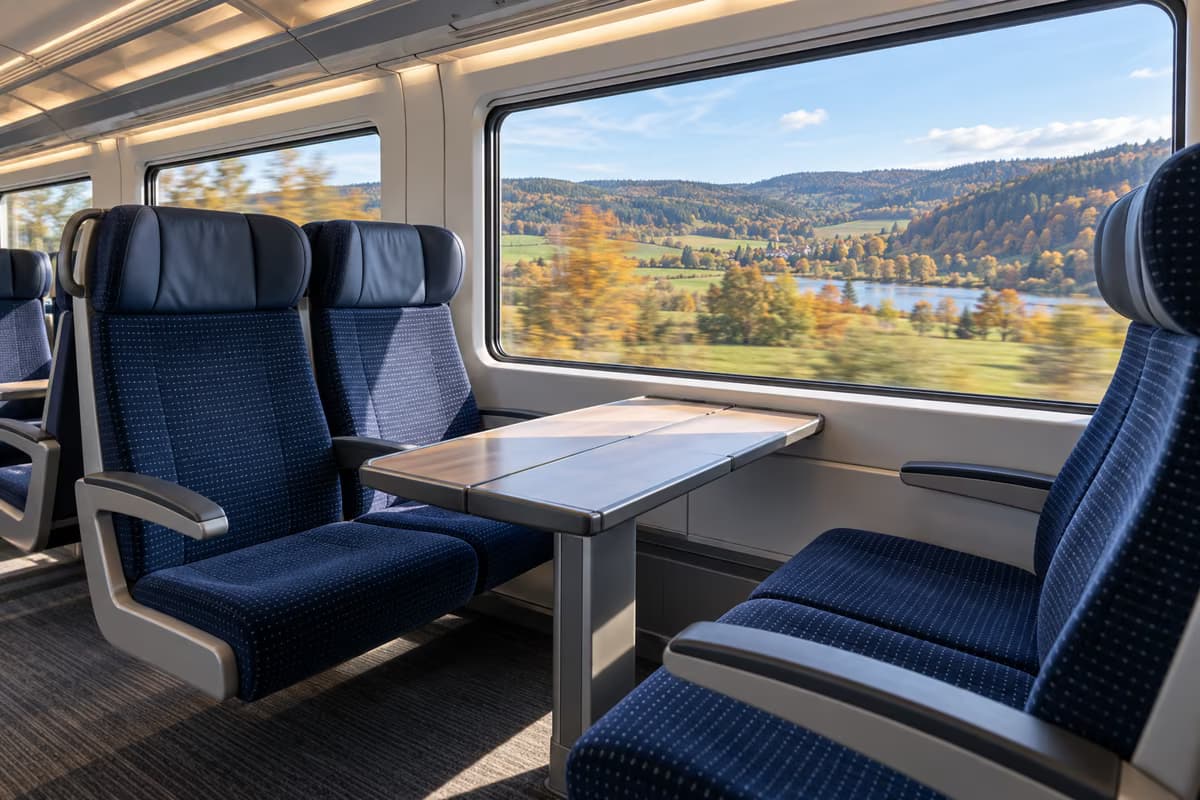 Asientos vacíos tapizados en azul alrededor de una mesa en un vagón moderno, mientras por la ventana pasan un lago y colinas otoñales.