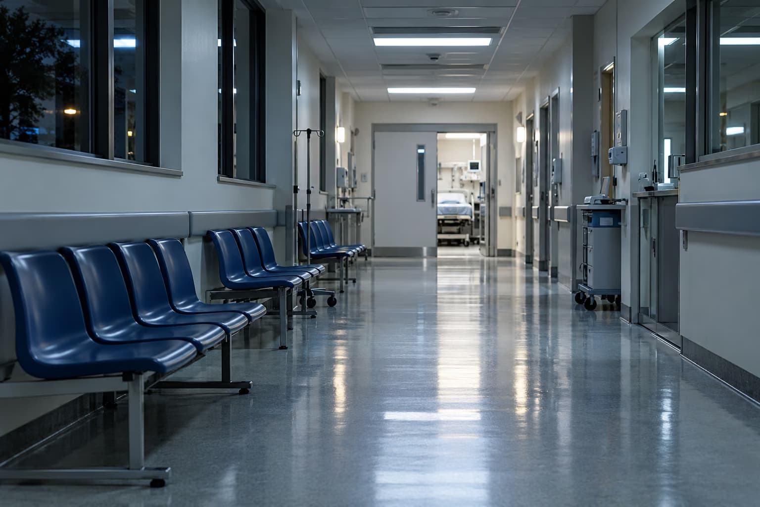 Un pasillo de hospital vacío de noche con filas de sillas de espera azules junto a la pared y una puerta abierta a una sala de tratamiento al fondo.