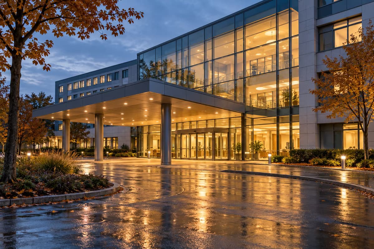 La entrada acristalada muy iluminada y la marquesina de acceso de un gran edificio moderno al atardecer, con árboles otoñales y el pavimento mojado.
