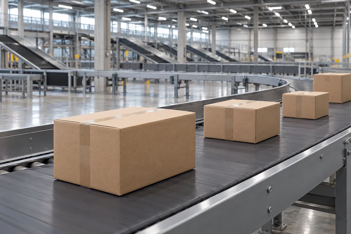 Cajas de cartón lisas avanzando sobre una cinta transportadora en una nave de clasificación de paquetes grande, vacía y moderna.