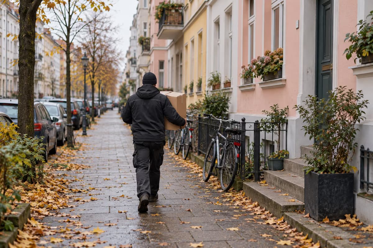 Un repartidor visto de espaldas lleva una caja de cartón por una acera con edificios de viviendas en tonos pastel, bicicletas y hojas de otoño.