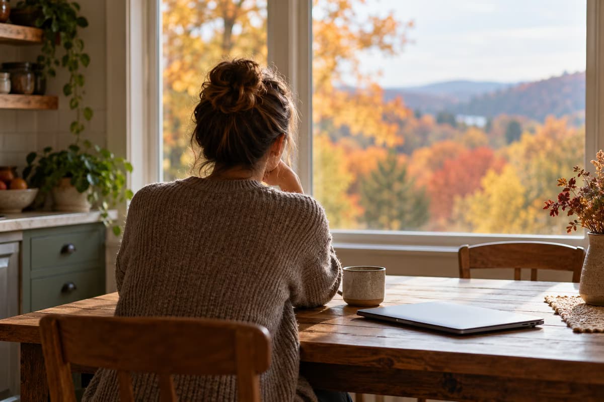 Una mujer vista de espaldas, sentada a una mesa de cocina de madera con un portátil cerrado y una taza, mira por la ventana hacia árboles otoñales.