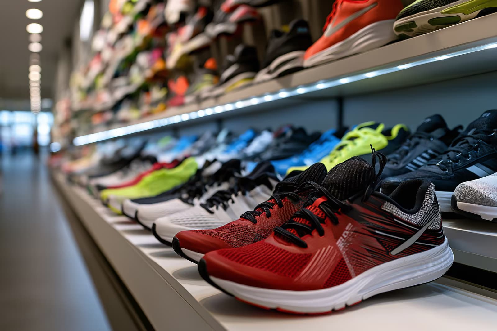 Zapatillas para correr y ropa deportiva expuestas en una luminosa y moderna tienda de ropa deportiva.