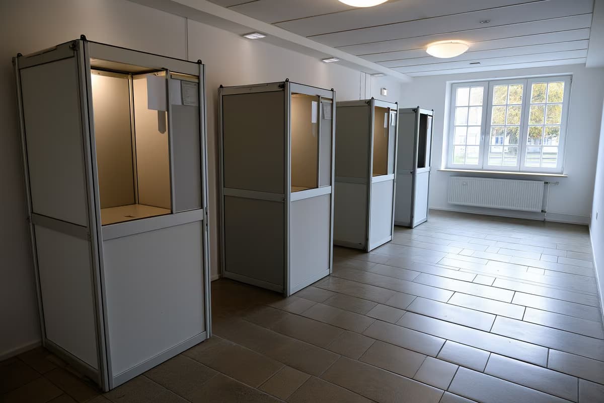 Una cabina de votación vacía en un sencillo salón comunitario alemán utilizado para elecciones.