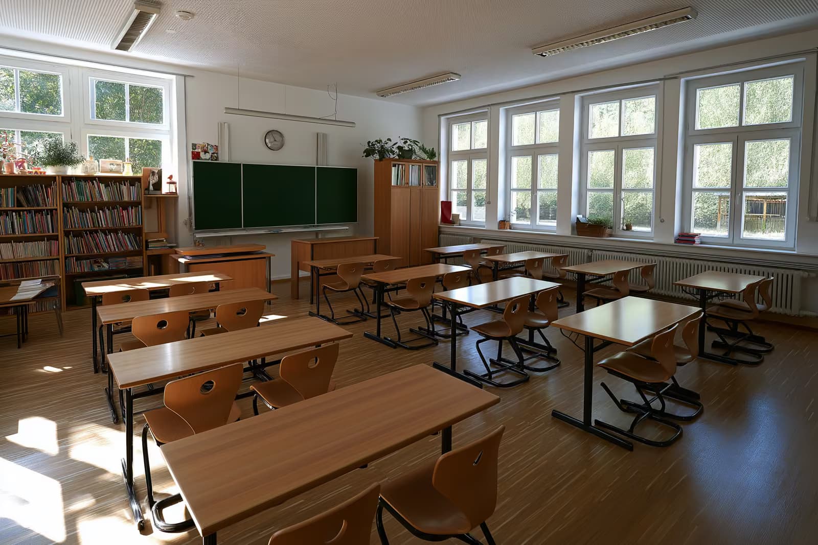 Un aula de primaria alemana luminosa y vacía, con pequeños pupitres de madera y un rincón de lectura, bañada por la cálida luz de la tarde.