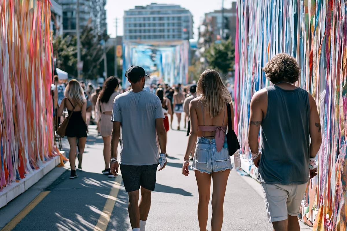 En una luminosa tarde de verano, la gente pasea entre instalaciones de arte al aire libre en un animado barrio de Berlín.
