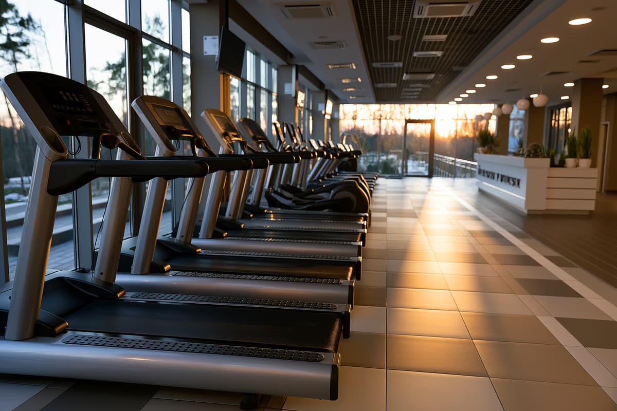 Filas de cintas de correr vacías en un gimnasio moderno al atardecer, con el mostrador de socios borroso al fondo.